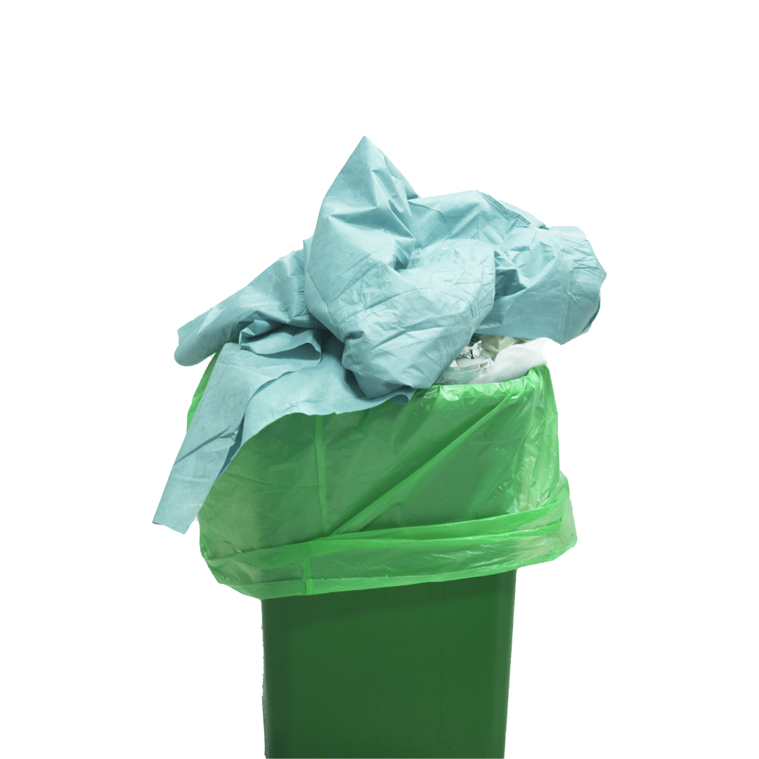 Ameliyathane ameliyat çöp kutusu cerrahi işlemden sonra tek kullanımlık olan önlük eldiven maske çöpleri atmak için kullanılan yeşil plastik torbalar